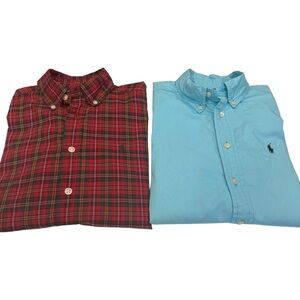 Ralph Lauren Set Of 2 Boys Button Down Shirts 1 Tartan Plaid 1- Green Sz M 10-12